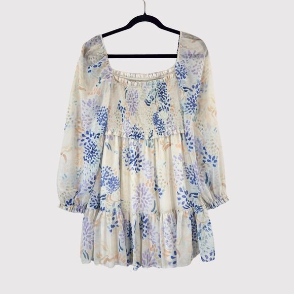 ARITZIA Wilfred Dress Blue Tempest Mini Smocked Puffed Floral Babydoll Boho XS - Picture 2 of 11